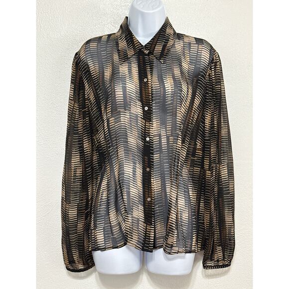 VTG Valerie Stevens Sheer Silk Geo Print Blouse XL Brown Black Fall Trend City - Picture 2 of 16